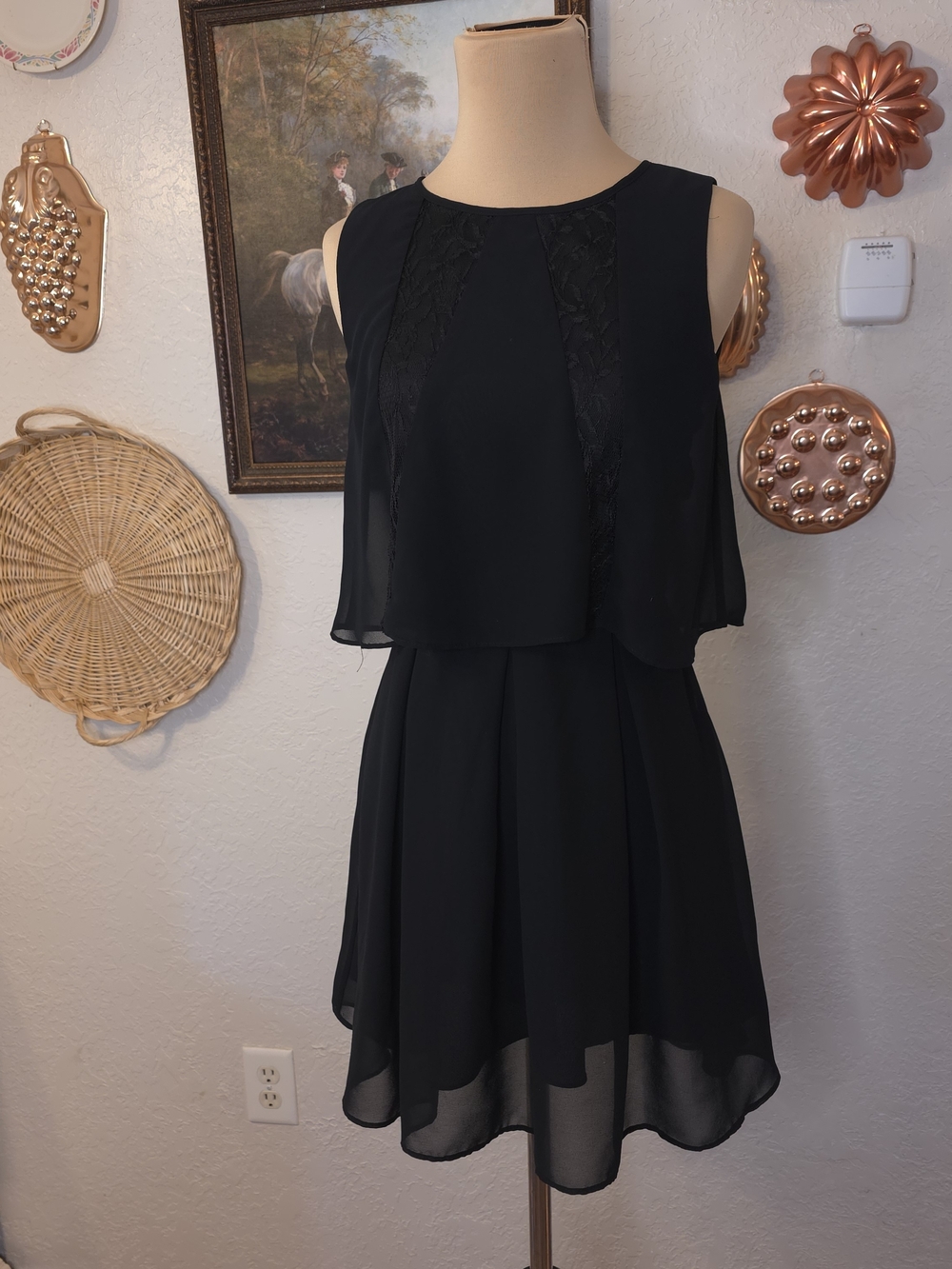 BCBGeneration Black Chiffon Lace Open Back Fit and Flare Dress Cocktail Date
